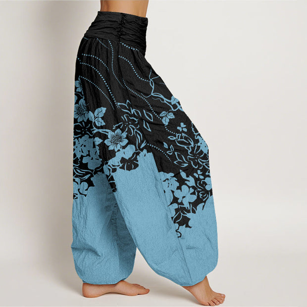 Buddha Stones Contrasting Colored Flower Line Leave Pattern Women's Elastic Waist Harem Pants - image 11