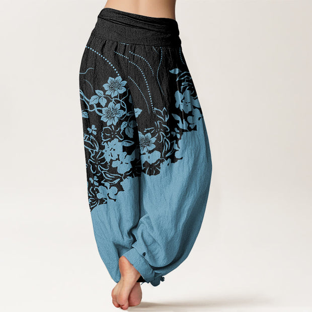 Buddha Stones Contrasting Colored Flower Line Leave Pattern Women's Elastic Waist Harem Pants - image 10
