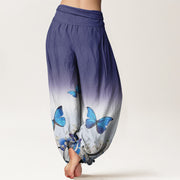 Buddha Stones Blue Butterfly Flower Pattern Women's Elastic Waist Harem Pants - image 2