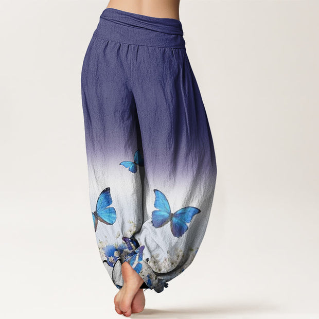Buddha Stones Blue Butterfly Flower Pattern Women's Elastic Waist Harem Pants - image 2