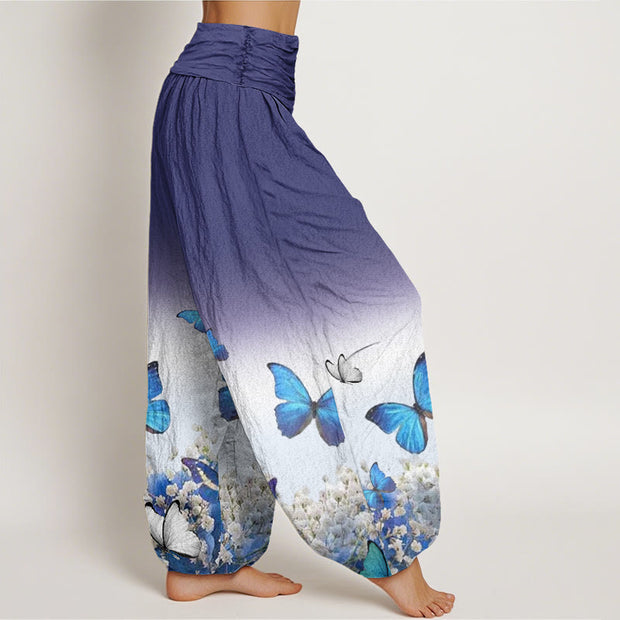 Buddha Stones Blue Butterfly Flower Pattern Women's Elastic Waist Harem Pants - image 3