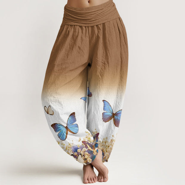 Buddha Stones Blue Butterfly Flower Pattern Women's Elastic Waist Harem Pants - DarkGoldenrod - US22，UK/AU26，EU54 (6XL) - image 6