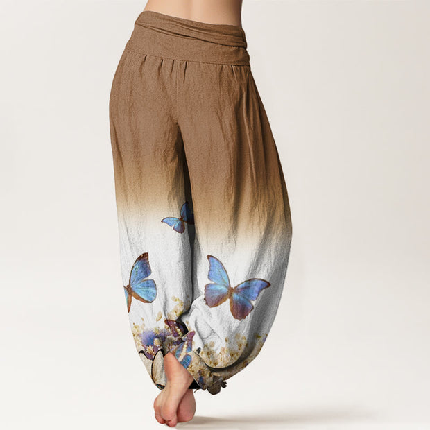 Buddha Stones Blue Butterfly Flower Pattern Women's Elastic Waist Harem Pants - image 7