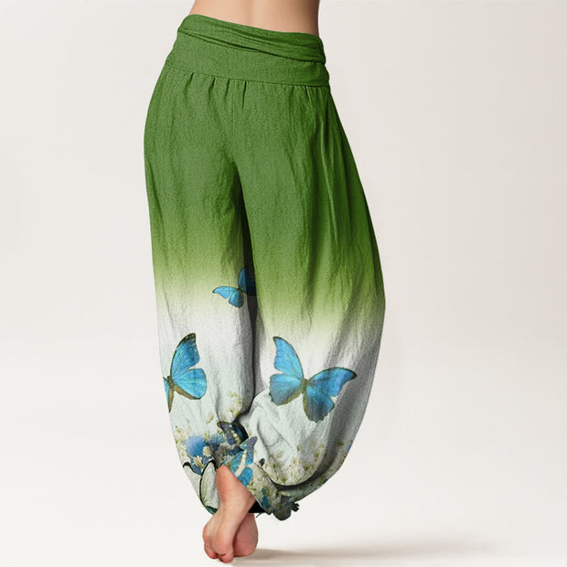 Buddha Stones Blue Butterfly Flower Pattern Women's Elastic Waist Harem Pants - image 10