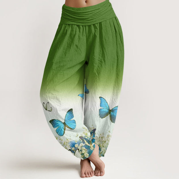 Buddha Stones Blue Butterfly Flower Pattern Women's Elastic Waist Harem Pants - LimeGreen - US22，UK/AU26，EU54 (6XL) - image 9