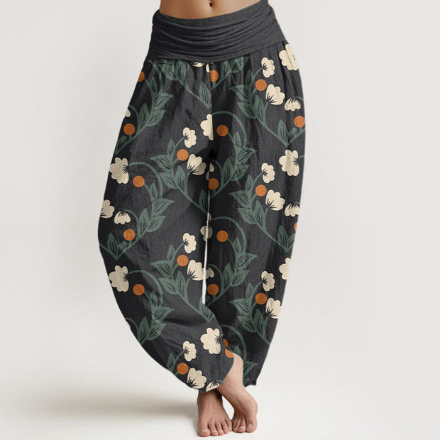 Buddha Stones Heart-Shaped Floral Pattern Women's Elastic Waist Harem Pants - Black - US22，UK/AU26，EU54 (6XL) - image 1