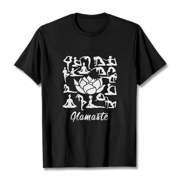 Buddha Stones Casual Lotus Flower Various Yoga Poses Pattern Tee T-shirt - Black - 2XL - image 4