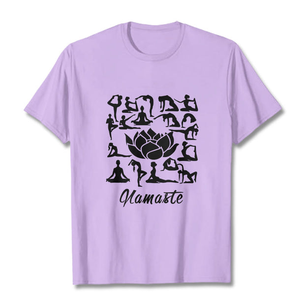 Buddha Stones Casual Lotus Flower Various Yoga Poses Pattern Tee T-shirt - Plum - 2XL - image 17
