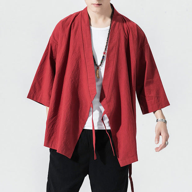 Buddha Stones Casual Plain Tang Suit Open Front Jacket Cotton Linen Men's Kimono - Crimson - US/UK/AU48，EU58(5XL) - image 4