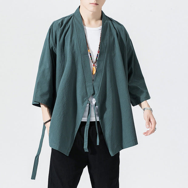 Buddha Stones Casual Plain Tang Suit Open Front Jacket Cotton Linen Men's Kimono - DarkCyan - US/UK/AU48，EU58(5XL) - image 1