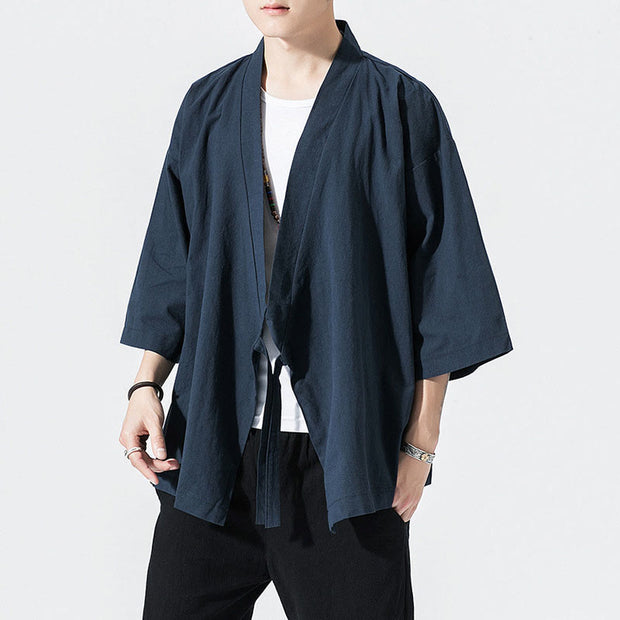 Buddha Stones Casual Plain Tang Suit Open Front Jacket Cotton Linen Men's Kimono - MidnightBlue - US/UK/AU48，EU58(5XL) - image 7