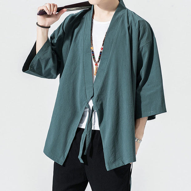 Buddha Stones Casual Plain Tang Suit Open Front Jacket Cotton Linen Men's Kimono - image 3