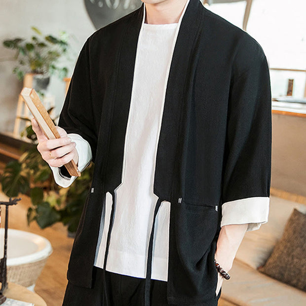Buddha Stones Lace-Up Design Open Front Jacket Cotton Linen Men's Kimono With Pockets - image 14