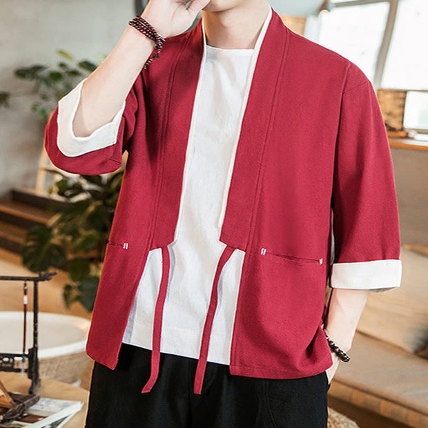 Buddha Stones Lace-Up Design Open Front Jacket Cotton Linen Men's Kimono With Pockets - image 23