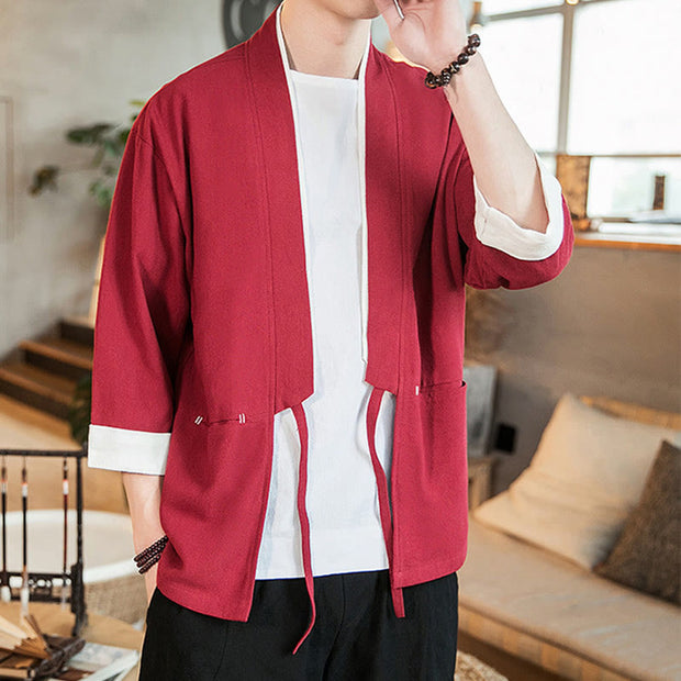 Buddha Stones Lace-Up Design Open Front Jacket Cotton Linen Men's Kimono With Pockets - image 24