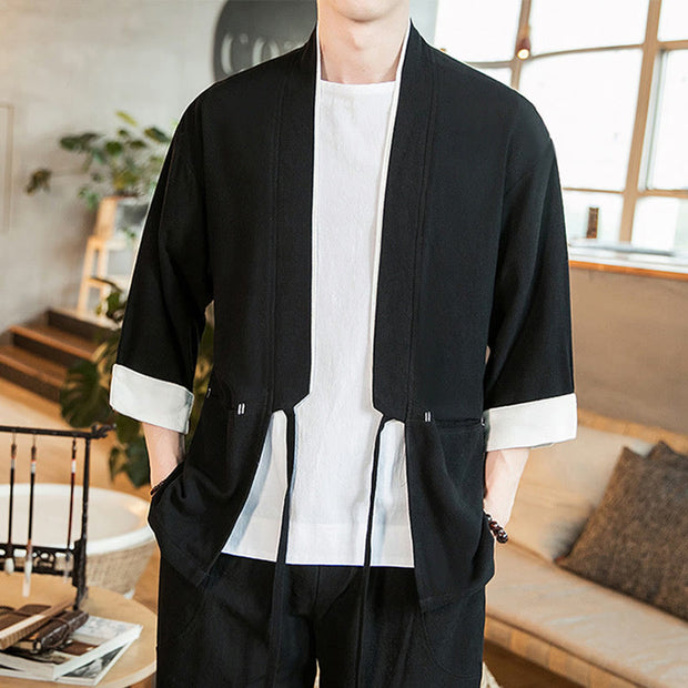 Buddha Stones Lace-Up Design Open Front Jacket Cotton Linen Men's Kimono With Pockets - image 11