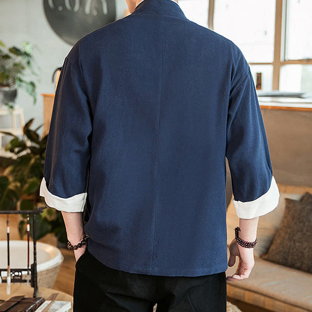 Buddha Stones Lace-Up Design Open Front Jacket Cotton Linen Men's Kimono With Pockets - image 4