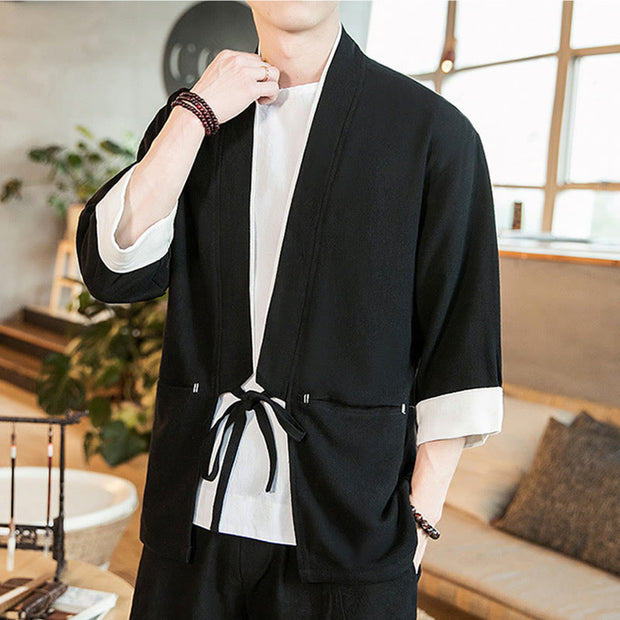 Buddha Stones Lace-Up Design Open Front Jacket Cotton Linen Men's Kimono With Pockets - image 10