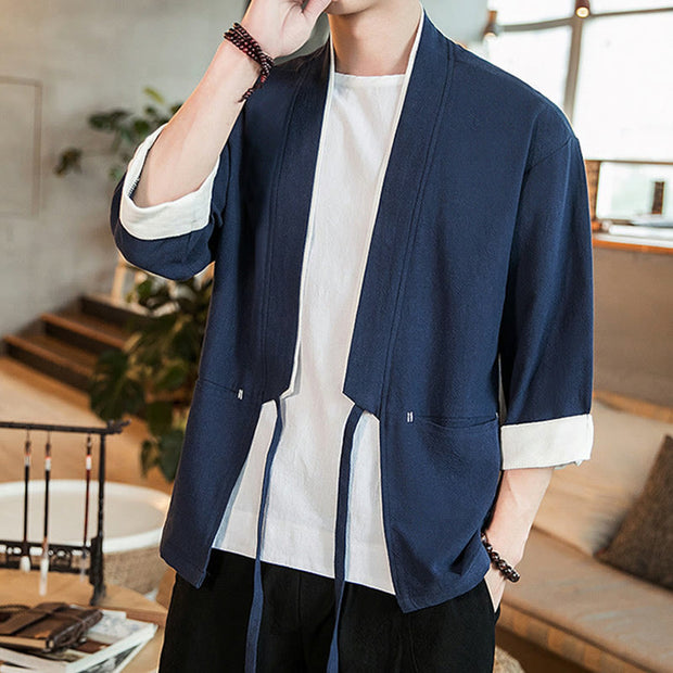 Buddha Stones Lace-Up Design Open Front Jacket Cotton Linen Men's Kimono With Pockets - image 2