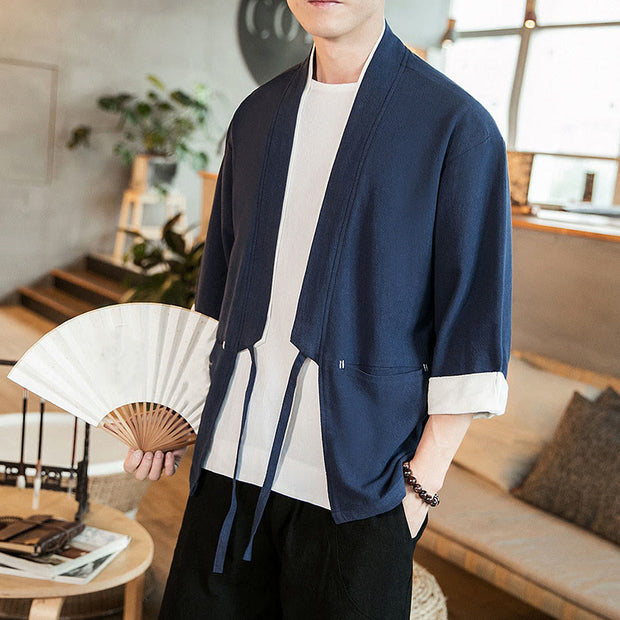 Buddha Stones Lace-Up Design Open Front Jacket Cotton Linen Men's Kimono With Pockets - image 8