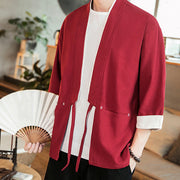 Buddha Stones Lace-Up Design Open Front Jacket Cotton Linen Men's Kimono With Pockets - image 28