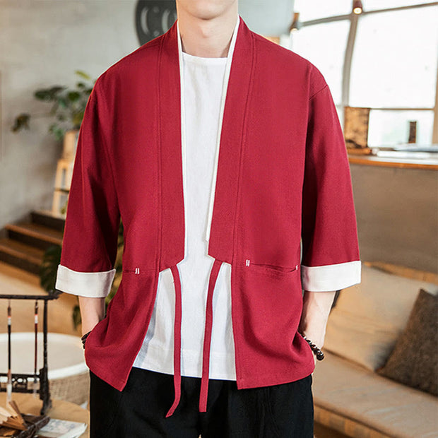 Buddha Stones Lace-Up Design Open Front Jacket Cotton Linen Men's Kimono With Pockets - image 25