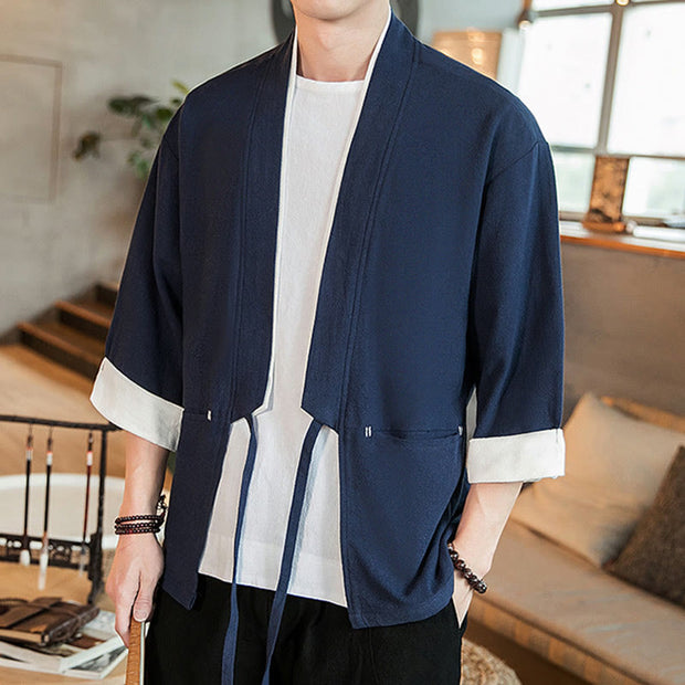 Buddha Stones Lace-Up Design Open Front Jacket Cotton Linen Men's Kimono With Pockets - image 3