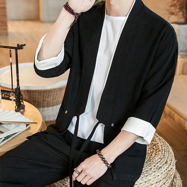 Buddha Stones Lace-Up Design Open Front Jacket Cotton Linen Men's Kimono With Pockets - image 13