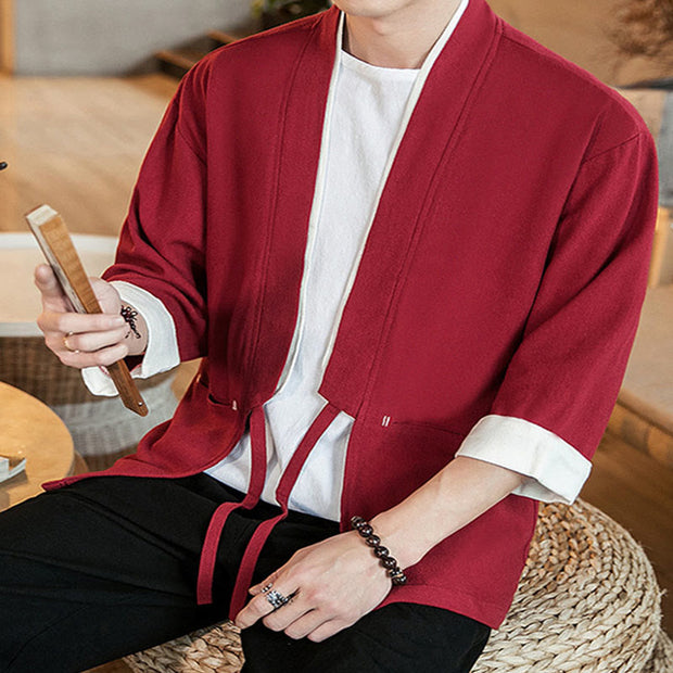 Buddha Stones Lace-Up Design Open Front Jacket Cotton Linen Men's Kimono With Pockets - image 29
