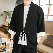 Buddha Stones Lace-Up Design Open Front Jacket Cotton Linen Men's Kimono With Pockets - Black - US/UK/AU46，EU56 (5XL) - image 9