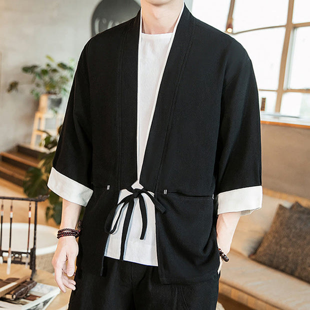 Buddha Stones Lace-Up Design Open Front Jacket Cotton Linen Men's Kimono With Pockets - Black - US/UK/AU46，EU56 (5XL) - image 9