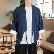Buddha Stones Lace-Up Design Open Front Jacket Cotton Linen Men's Kimono With Pockets - DarkBlue - US/UK/AU46，EU56 (5XL) - image 1