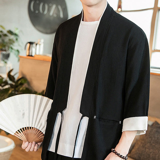 Buddha Stones Lace-Up Design Open Front Jacket Cotton Linen Men's Kimono With Pockets - image 16