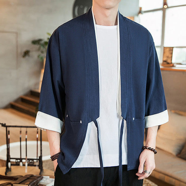 Buddha Stones Lace-Up Design Open Front Jacket Cotton Linen Men's Kimono With Pockets - image 5