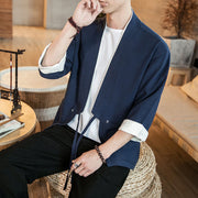 Buddha Stones Lace-Up Design Open Front Jacket Cotton Linen Men's Kimono With Pockets - image 6