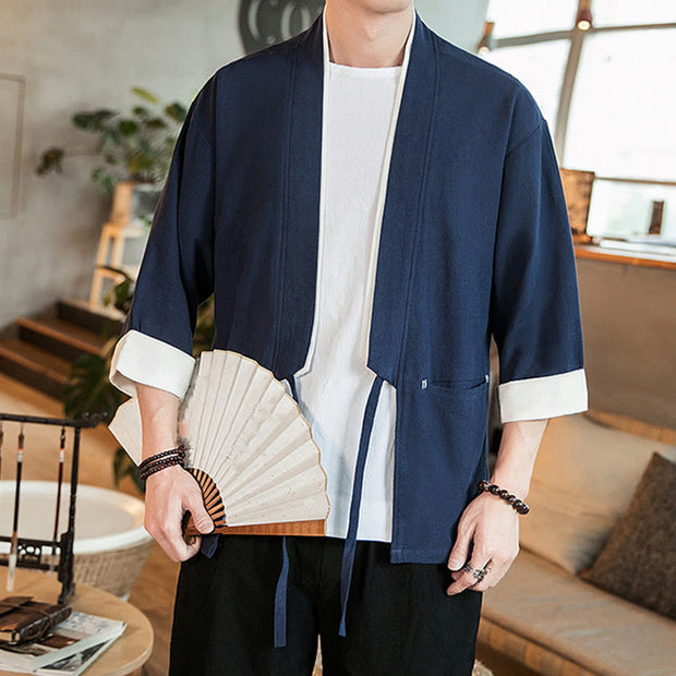 Buddha Stones Lace-Up Design Open Front Jacket Cotton Linen Men's Kimono With Pockets - image 7