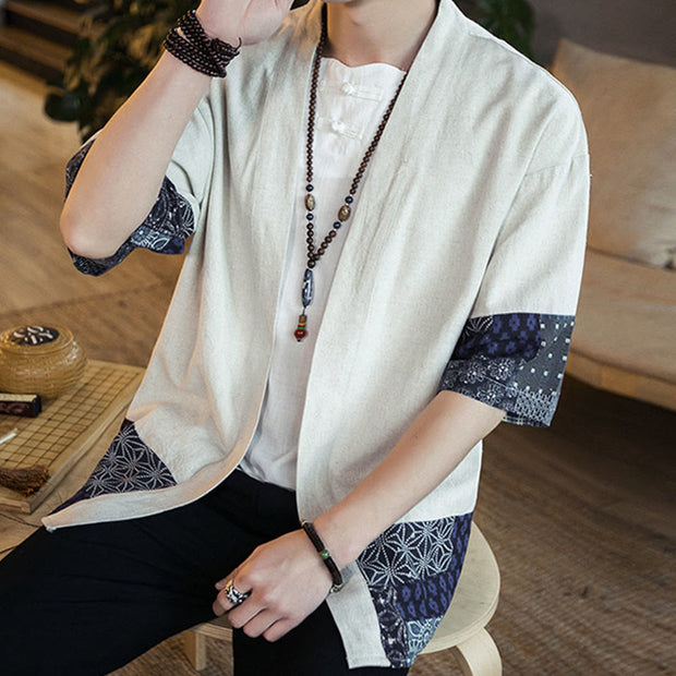 Buddha Stones Ethnic Printing Patchwork Design Open Front Jacket Cotton Linen Men's Kimono - image 17