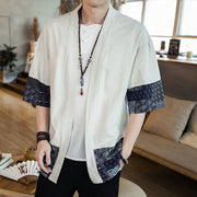 Buddha Stones Ethnic Printing Patchwork Design Open Front Jacket Cotton Linen Men's Kimono - image 13