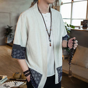 Buddha Stones Ethnic Printing Patchwork Design Open Front Jacket Cotton Linen Men's Kimono - image 12
