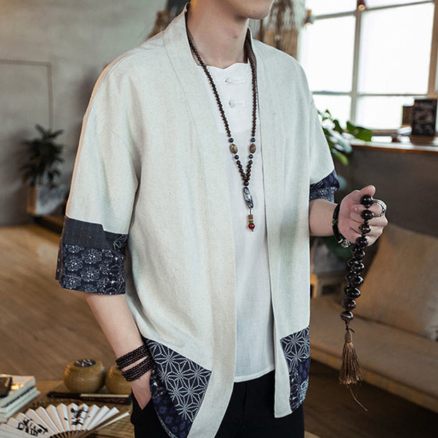 Buddha Stones Ethnic Printing Patchwork Design Open Front Jacket Cotton Linen Men's Kimono - image 12