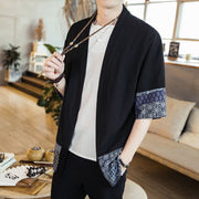 Buddha Stones Ethnic Printing Patchwork Design Open Front Jacket Cotton Linen Men's Kimono - image 2