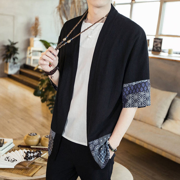 Buddha Stones Ethnic Printing Patchwork Design Open Front Jacket Cotton Linen Men's Kimono - image 2