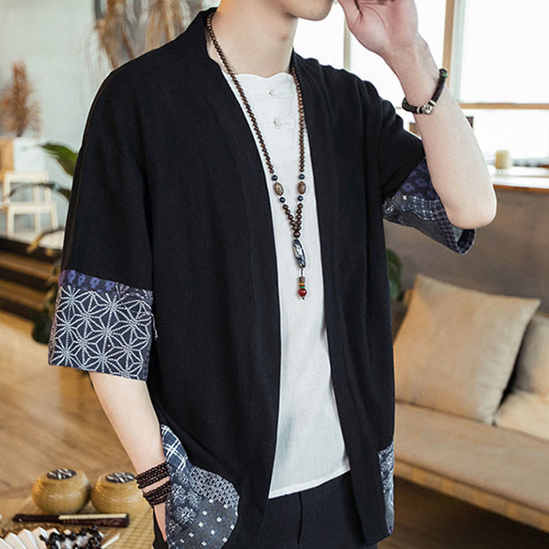 Buddha Stones Ethnic Printing Patchwork Design Open Front Jacket Cotton Linen Men's Kimono - image 5