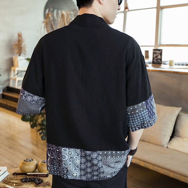 Buddha Stones Ethnic Printing Patchwork Design Open Front Jacket Cotton Linen Men's Kimono - image 4