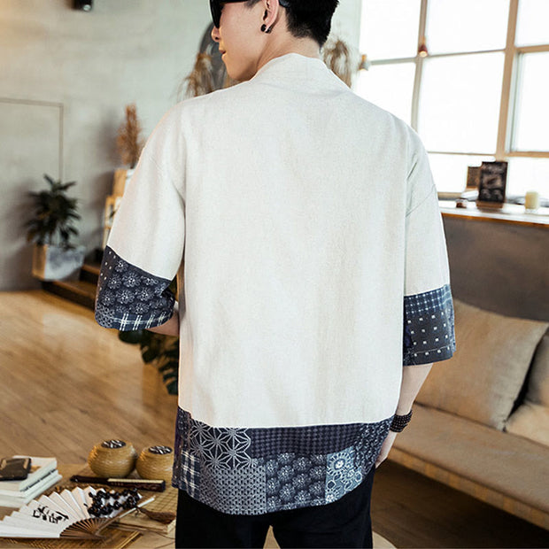 Buddha Stones Ethnic Printing Patchwork Design Open Front Jacket Cotton Linen Men's Kimono - image 15