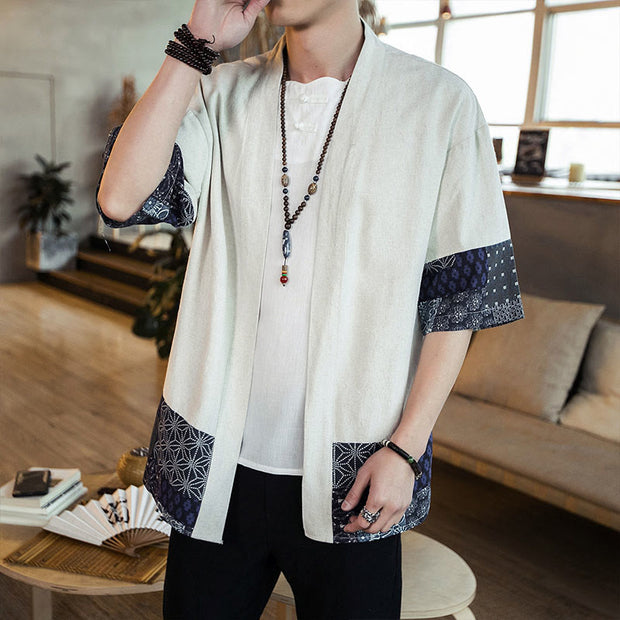 Buddha Stones Ethnic Printing Patchwork Design Open Front Jacket Cotton Linen Men's Kimono - image 16