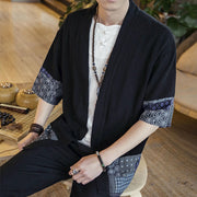 Buddha Stones Ethnic Printing Patchwork Design Open Front Jacket Cotton Linen Men's Kimono - image 8