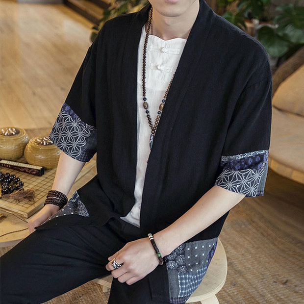 Buddha Stones Ethnic Printing Patchwork Design Open Front Jacket Cotton Linen Men's Kimono - image 8