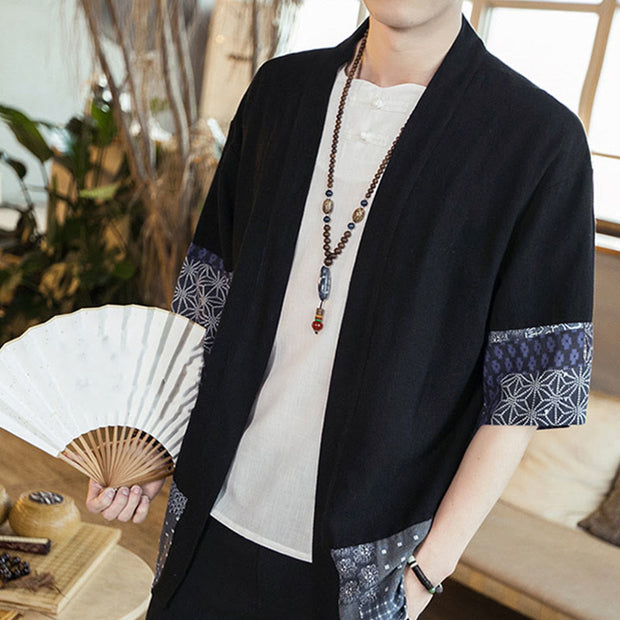 Buddha Stones Ethnic Printing Patchwork Design Open Front Jacket Cotton Linen Men's Kimono - image 6
