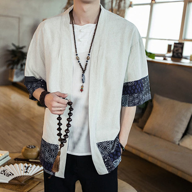 Buddha Stones Ethnic Printing Patchwork Design Open Front Jacket Cotton Linen Men's Kimono - image 11